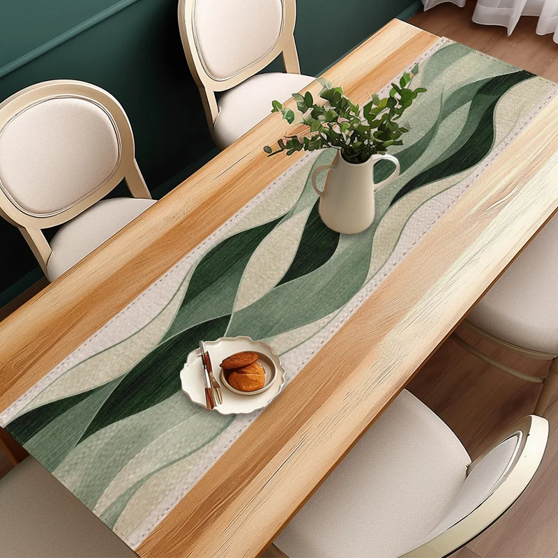Aesthetic Wave Table Runner, Pastel Green and Cream Coastal Party Decor for Dining Coffee Table, Office Desk, Kitchen