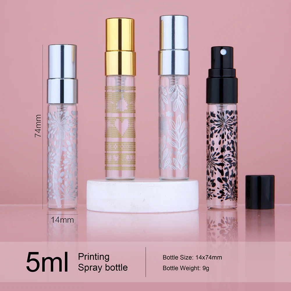 50/100pcs 5ml Clear Glass Perfume Bottle Printing Texture Atomizer Empty Spray Bottle Sample Cosmetic Vials Refillable Bottles