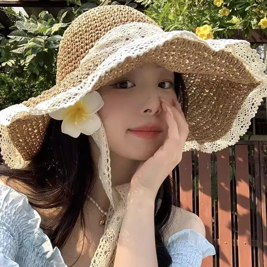 

Summer Beach St Hat Women's Hollow out Lace Tied Beach Sunade Large Brim Fierman Hat round Top Polyester Fiber