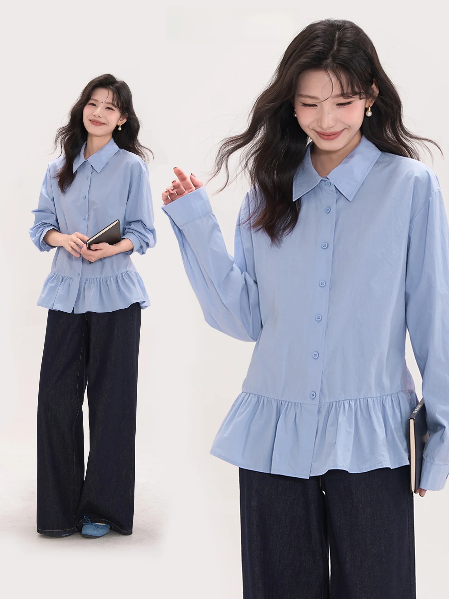 

Sweet Princ Sle Blue Clouds Print irt Women's Long Sve Cotton Casual Busin Office Top Spring Autumn Faion