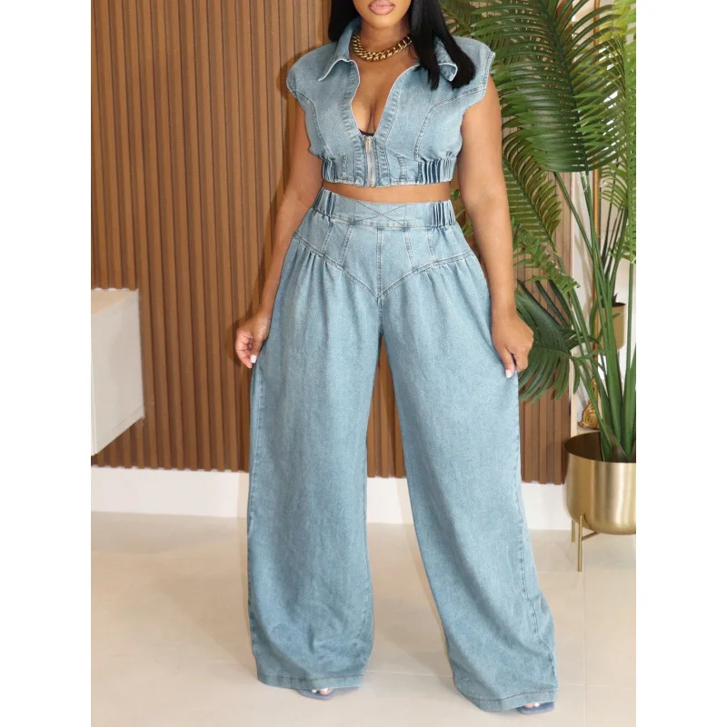 

Сексуальный джинсовый комплект без рукавов: свободные прямые джинсы с высокой талией и широкими штанинами, легкий дышащий повседневный летний комплект из двух предметов