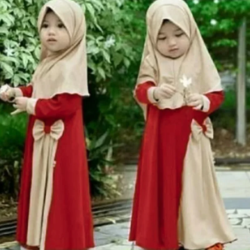 2Pcs Kids Girls Muslim Hijab Long Sleeve Maxi Dress Set Children Turkey Dubai Arabic Clothes With Headscarf Eid Ramadan Clothing