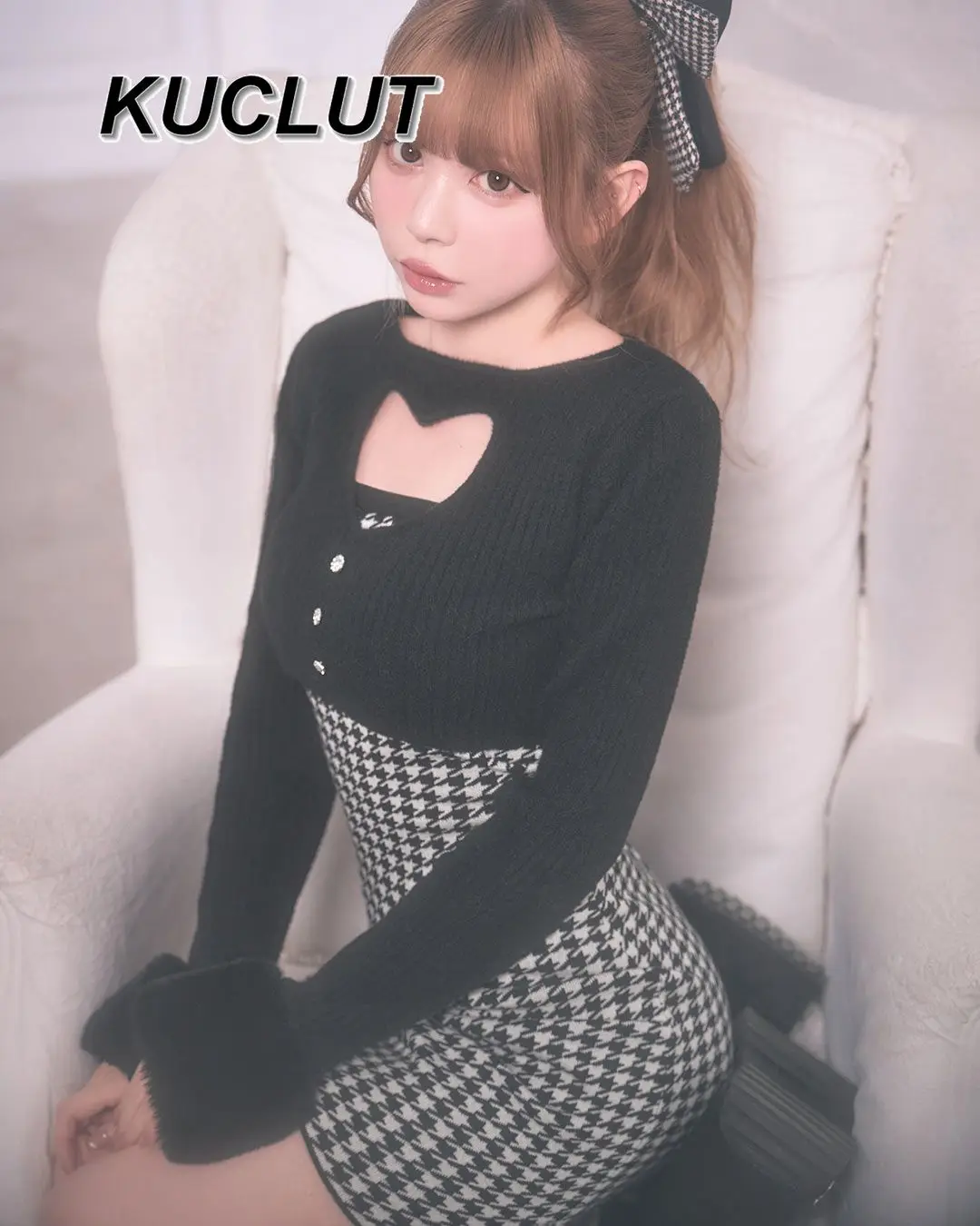 النمط الياباني Houndstooth المرقعة فستان قصير غير رسمي المرأة الجوف خارج محبوك فساتين طويلة الأكمام للنساء ربيع الخريف