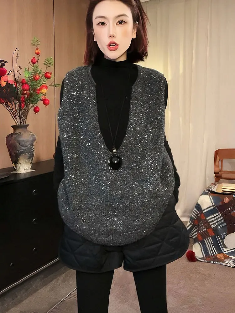 سترة محبوكة لامعة من Faionable V-Ne Svel كسول Sle oulder Bared طبقات علوية كورية علوية فضفاضة تناسب اللون #2