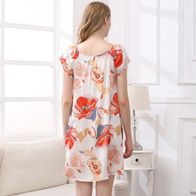 

Silk Mother Nightdress Spring and Summer plus Size Printed High Quality Real Pajamas Comfortable Loose Home Wear Girl's Dress