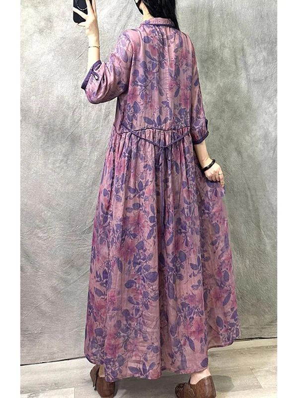 ชุดเดรสผ้าลินินพิมพ์ลายดอกไม้สไตล์วินเทจสำหรับผู้หญิง ทรงหลวม ผ้าฝ้ายผสมลินิน ช่วยพรางหุ่น กระดุมดีไซน์เก๋ ทรงเอไลน์