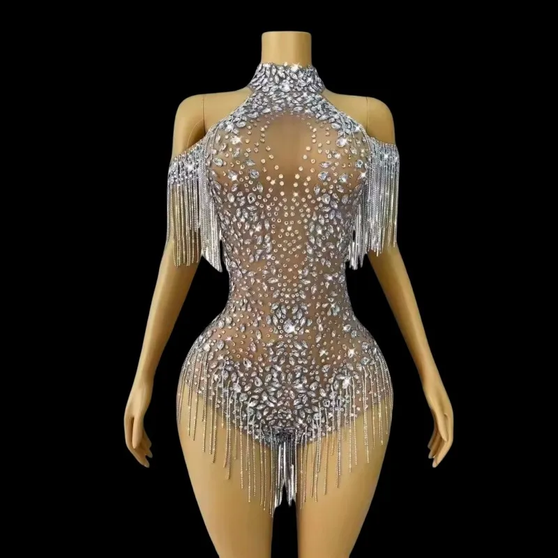 Sexy transparente borla bodysuit prata strass dançarino cantor boate bar palco wear elástico cristal collant dança traje