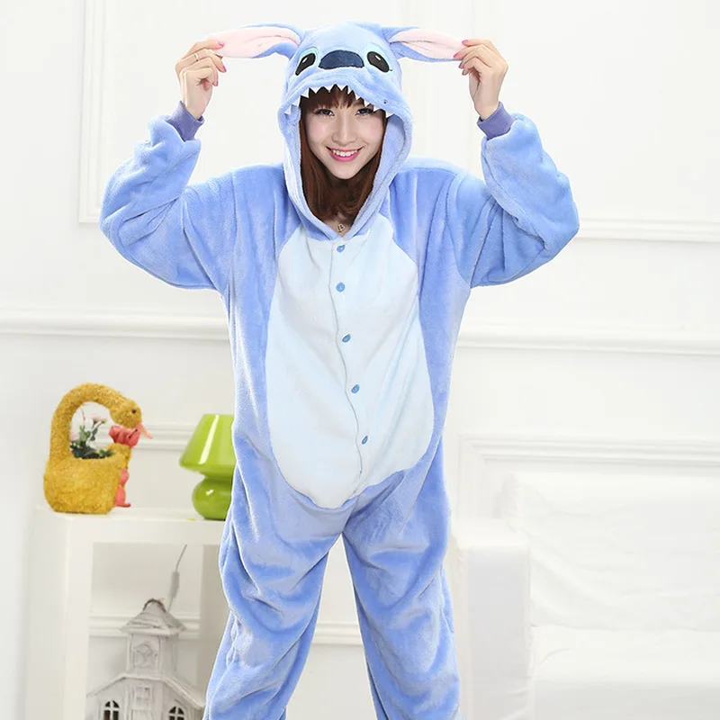 Disney Lilo & Stitch Blue Stitch Cartoon Hooded Jumpsuit Pajamas Family Parent-Child Clothes Home Clothes Couple Pajamas Gifts