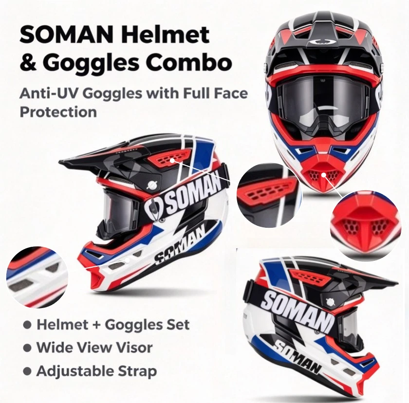 Motocross Helmet with Goggles Full Face Helmet for Men Women, Breathable 4 Seasons MTB Dirt Bike Off-road Rally Helmet