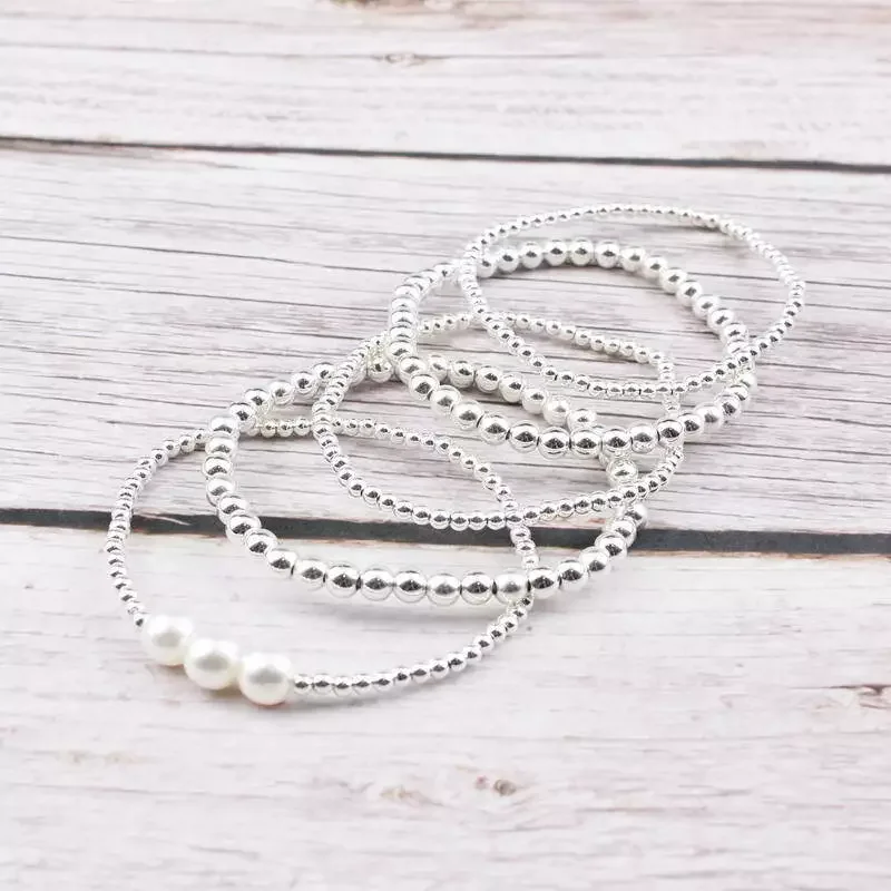 طقم سوار قابل للتمدد من خرز الذهب والفضة واللؤلؤ للنساء #4