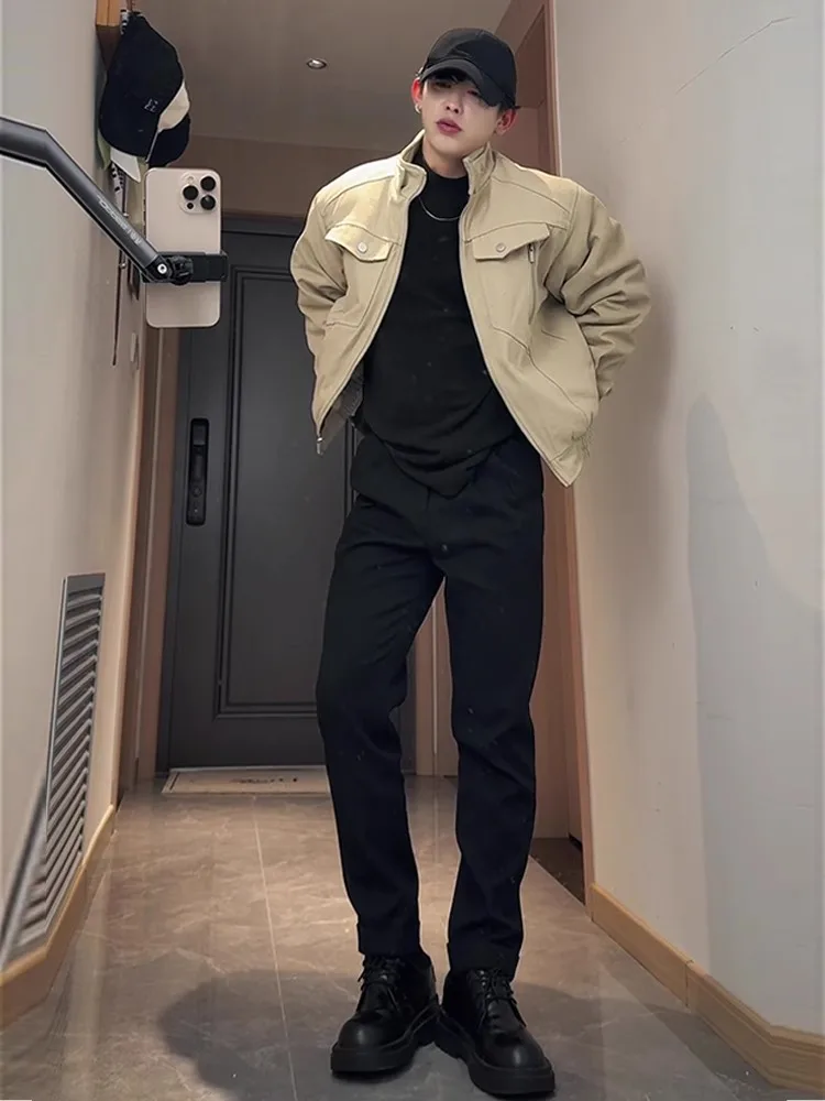 بنطلون جينز أسود مبطن بالصوف، تصميم نحيف بخصر مرتفع، ساق مستقيمة ومستدقة، مزيج من القطن والبوليستر بأسلوب شبابي عصري