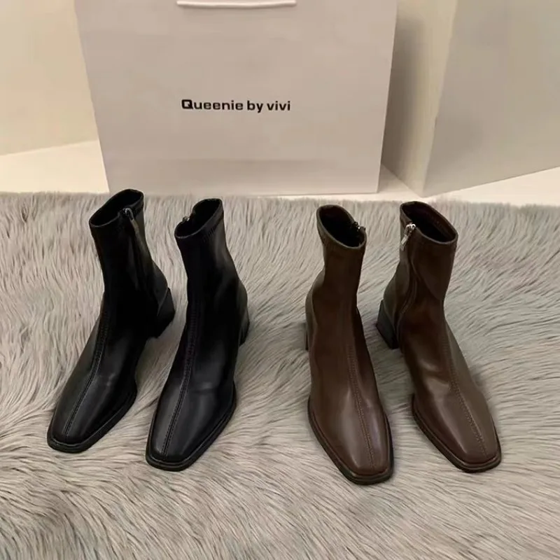2026 Autumn Four-color Women's Short Boots, Square-toe Thick Heel Side Zip Nude Leather Short Boots, Chelsea Boot, Ankle Boot view 2