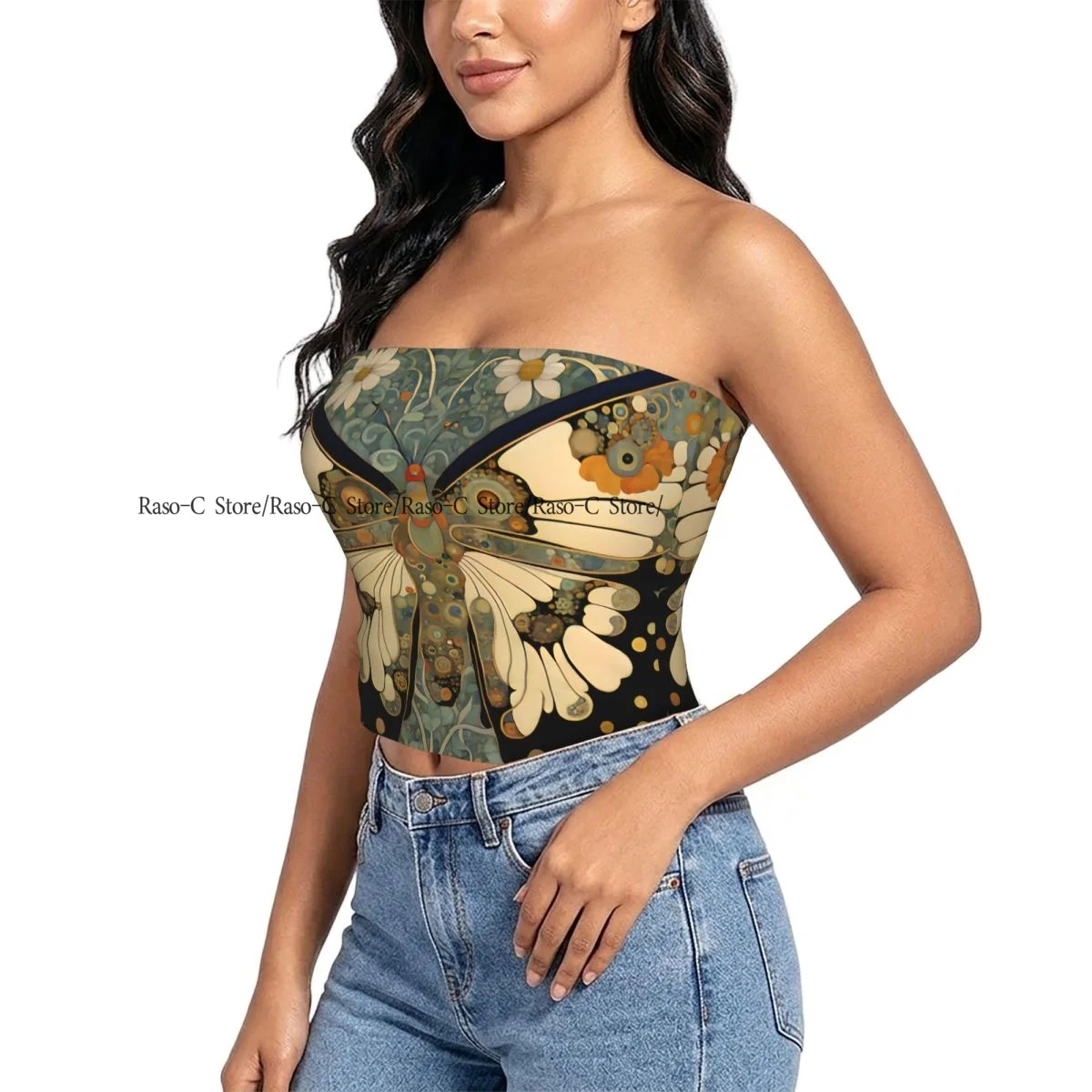 Women strapless blouses sleeveless Nouveau Butterfly Floral Background halter-neck sexy short-sleeved blouses