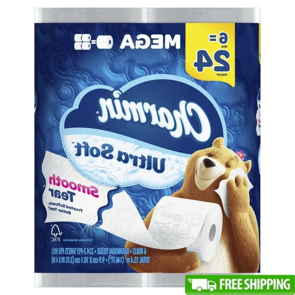 

Ultra Soft Toilet Paper 6 Mega Rolls 2 Ply Septic Safe 1344 Sheets Absorbent Irresistible Softness Perforated Clean Tearing