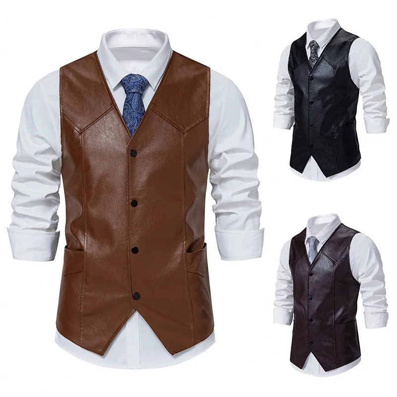 #4850Autumn Winter Faux Leather Vest Waistcoat Men V-neck Single Breasted Men\'s Vest Regular Fit PU Leather Vest Men Solid Color