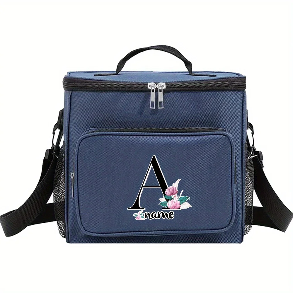 Customizable Name Blue Lunch Bag Insulated Handbag Black Letter Series Multi Functional Picnic Lunch Box Waterproof Lunch Box
