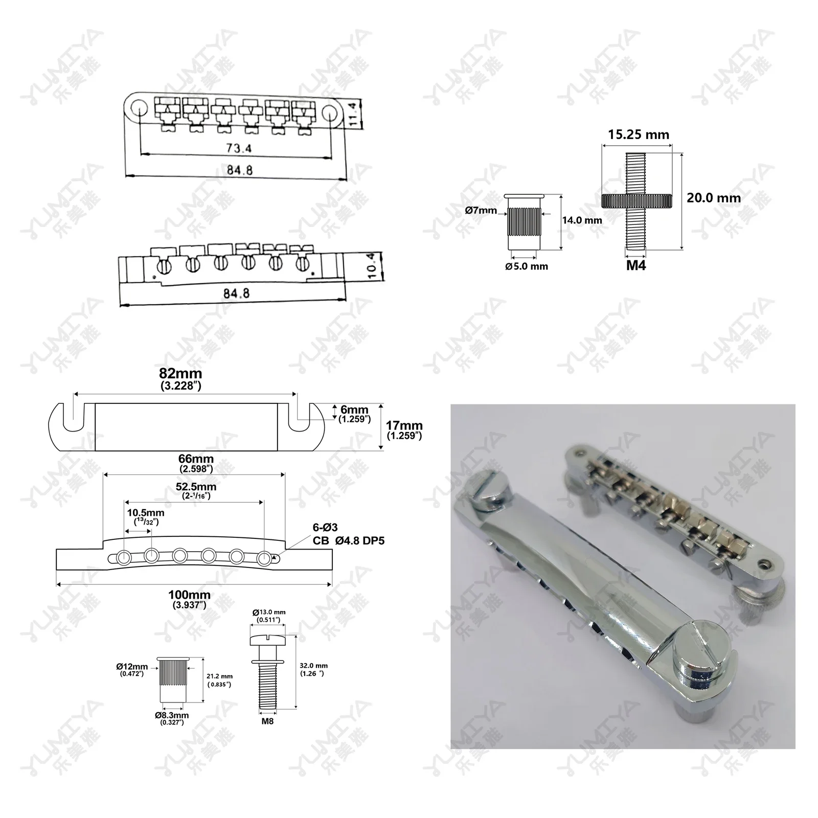 Guitar Fixed Saddle Bridge Tailpiece Set with ABR-1 Style Tune-O-Matic Bridge Chrome for ABR LP SG EPi Electric guitars