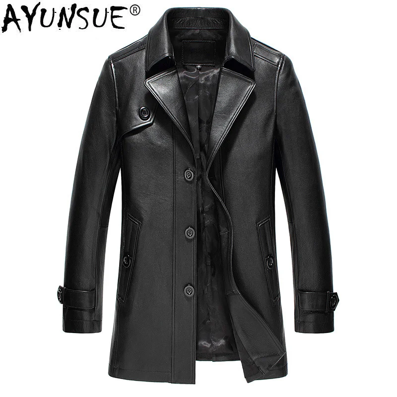 

Genuine Cow Leather Jacket Men Autumn Cowhide Coats Long Windbreaker Moto Chaqueta T-17-2355 KJ1615