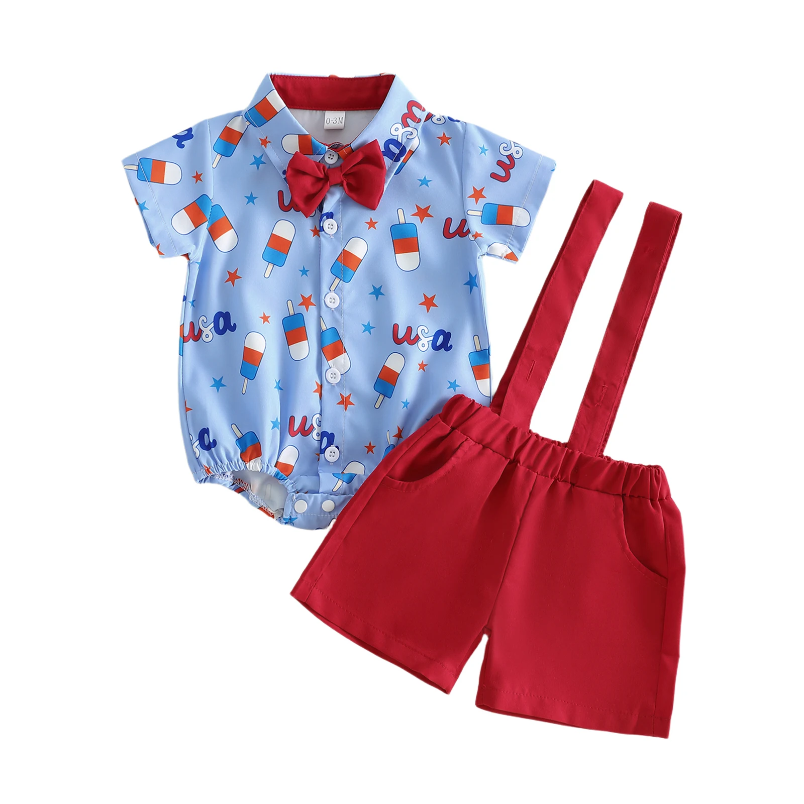 Baby Boys 4th of July Outfits Ice Cream Letter Star Print Bowtie Short Sleeve Rompers Suspender Shorts 2Pcs Clothes Set