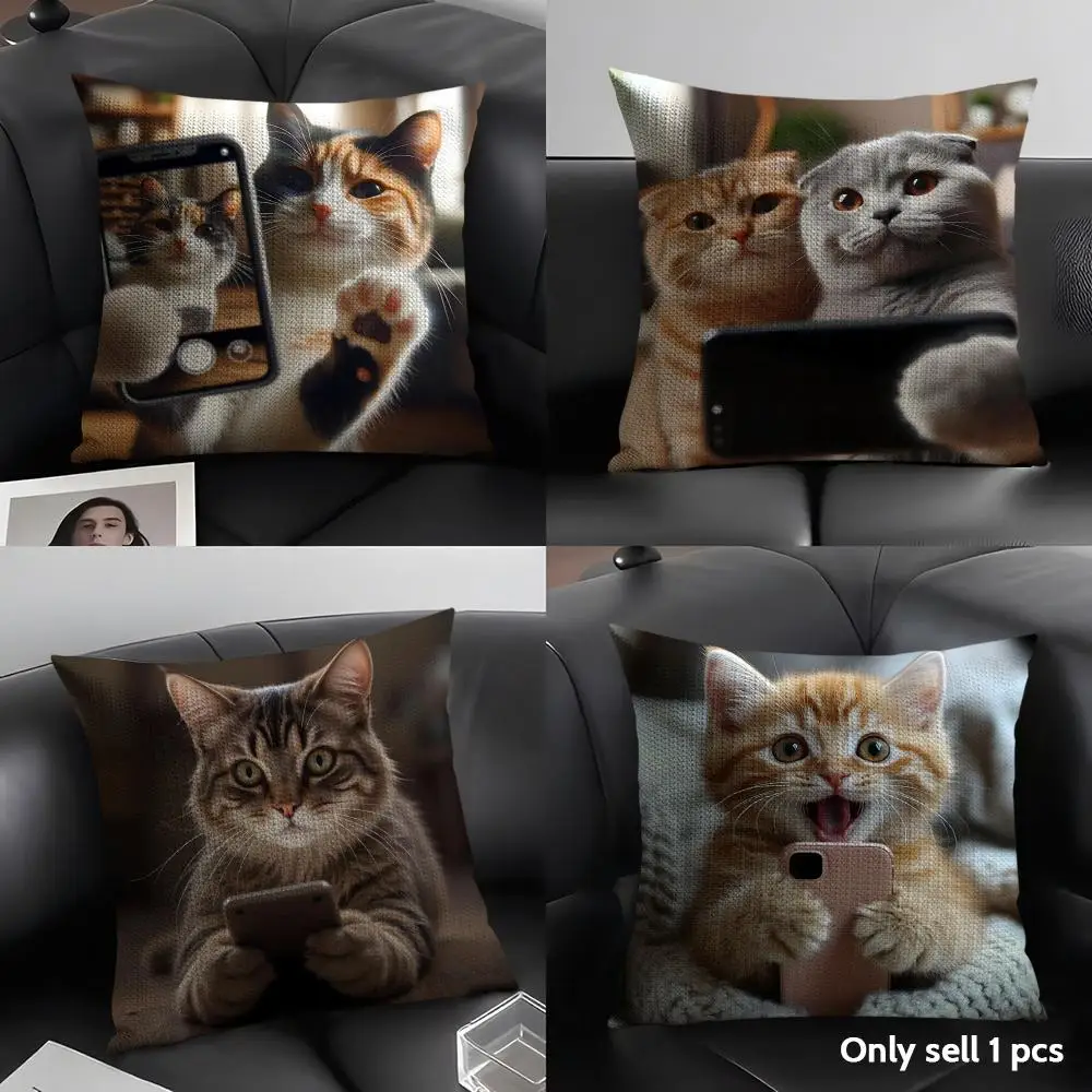 Cute Cat Playing Phone Cushion Cover Natural Linen Organic Fabric Double-Sided Printing Sofa Home Decor Gift Pillow Case