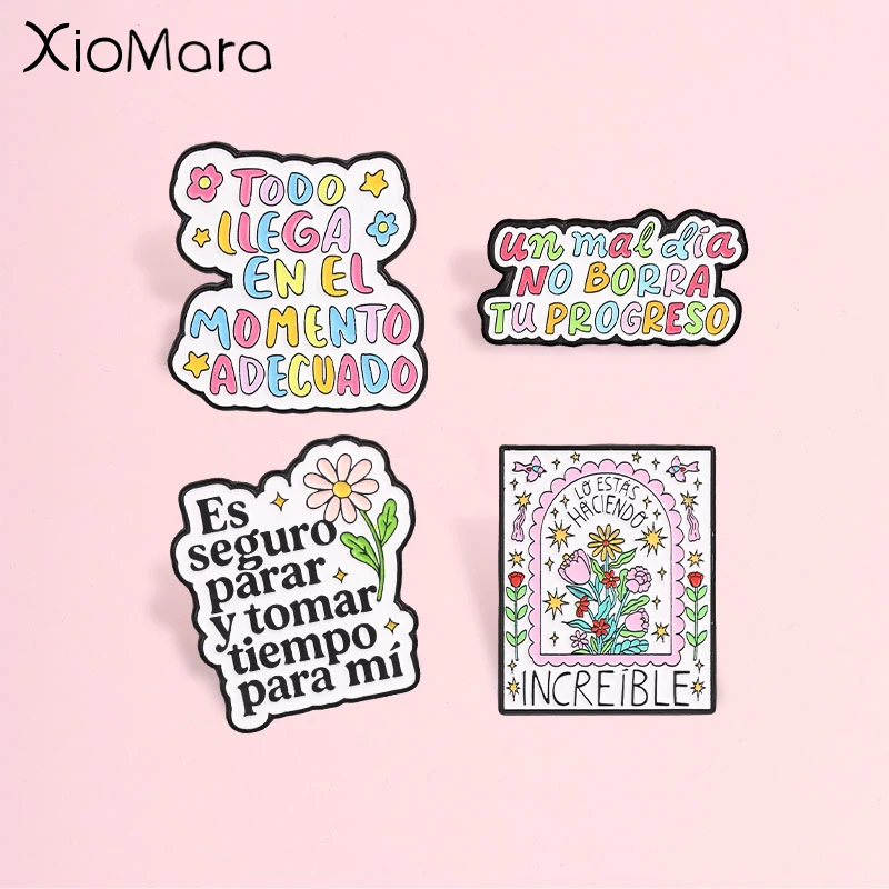 Spanish Positive Floral Quote Badge, Inspirational Self Care Slogan Enamel Pin, Fashion Accessory, Encouraging Gift For Friends