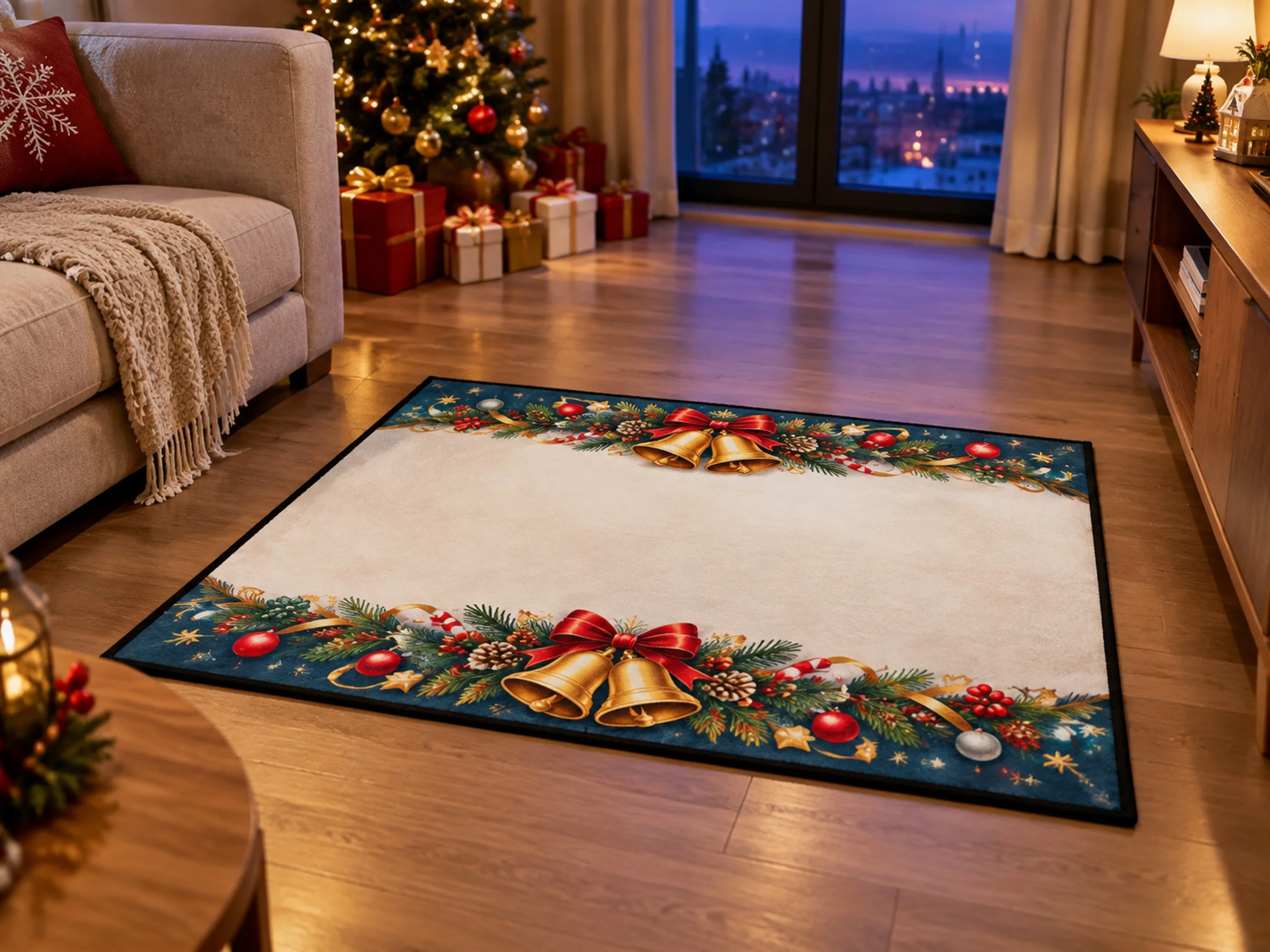 VIKAMA Christmas Navy Gold Bell Flannel Door Mat, Washable Quick Dry Xmas Mat, Xmas Decor for Dining Room, Guest Room