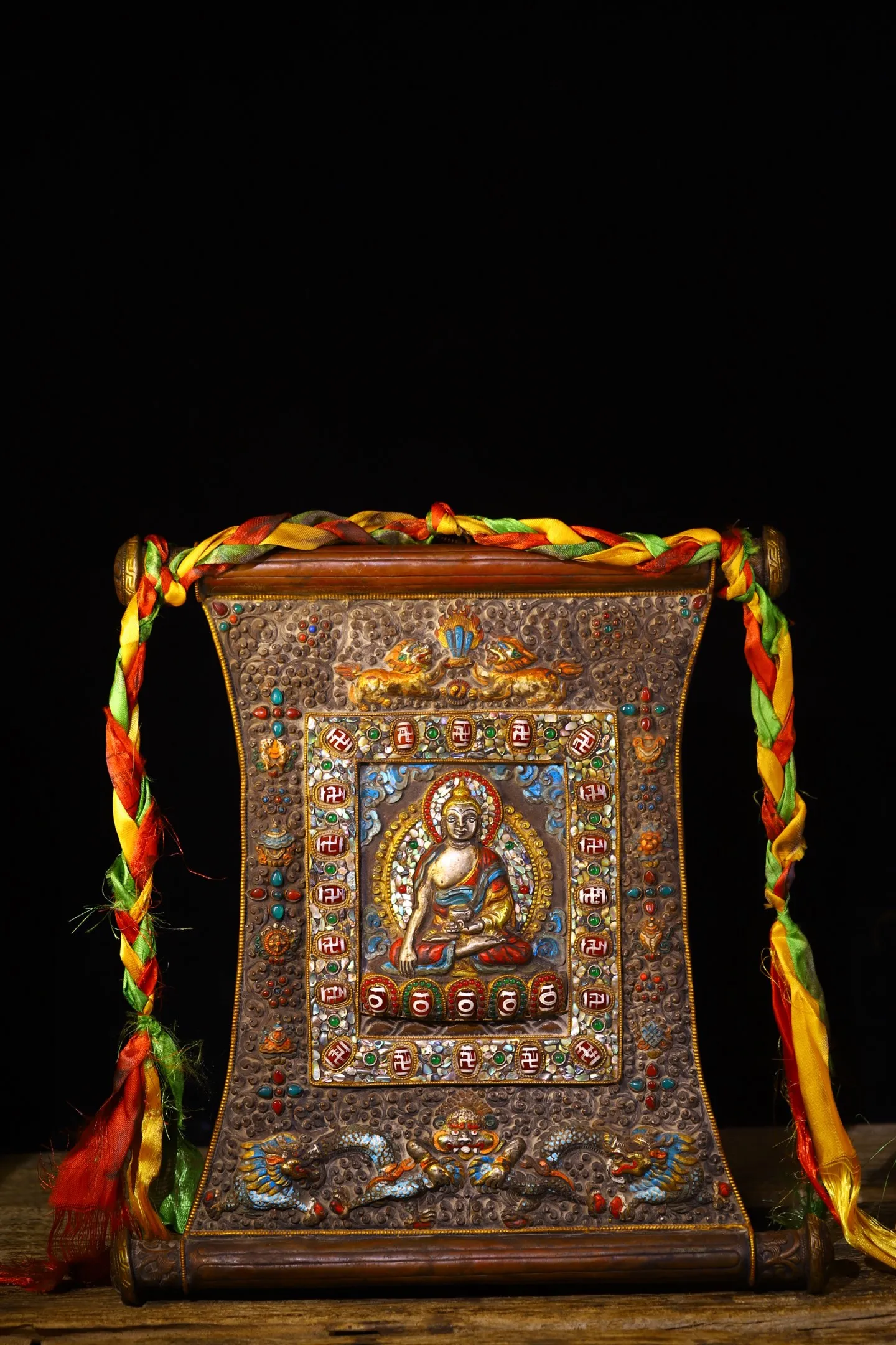 

15"Tibetan Temple Collection Old Purple Bronze Painted Mosaic Gem gZi Beads Shell Shakyamuni Buddha Thangka Hanging Panel