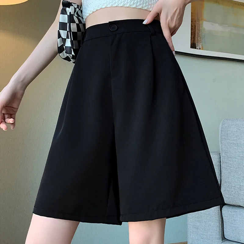 Korean Style Office Lady Suit Shorts 2025 Summer Loose High Waisted Wide Leg Shorts Woman Solid Casual Baggy Knee-Length Pants