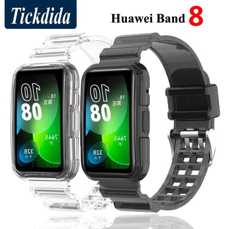 Silicone Strap e Case para Huawei Band, pulseira esportiva transparente, Acessórios para Huawei Band 8 e 7, 2 em 1