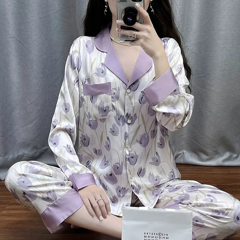 Women's Pajamas Sets Spring Autumn 2 Piece Tulip Floral Pyjama Faux Silk Satin Sleepwear Long Sleeve Pijama Mujer Pjs Homewear