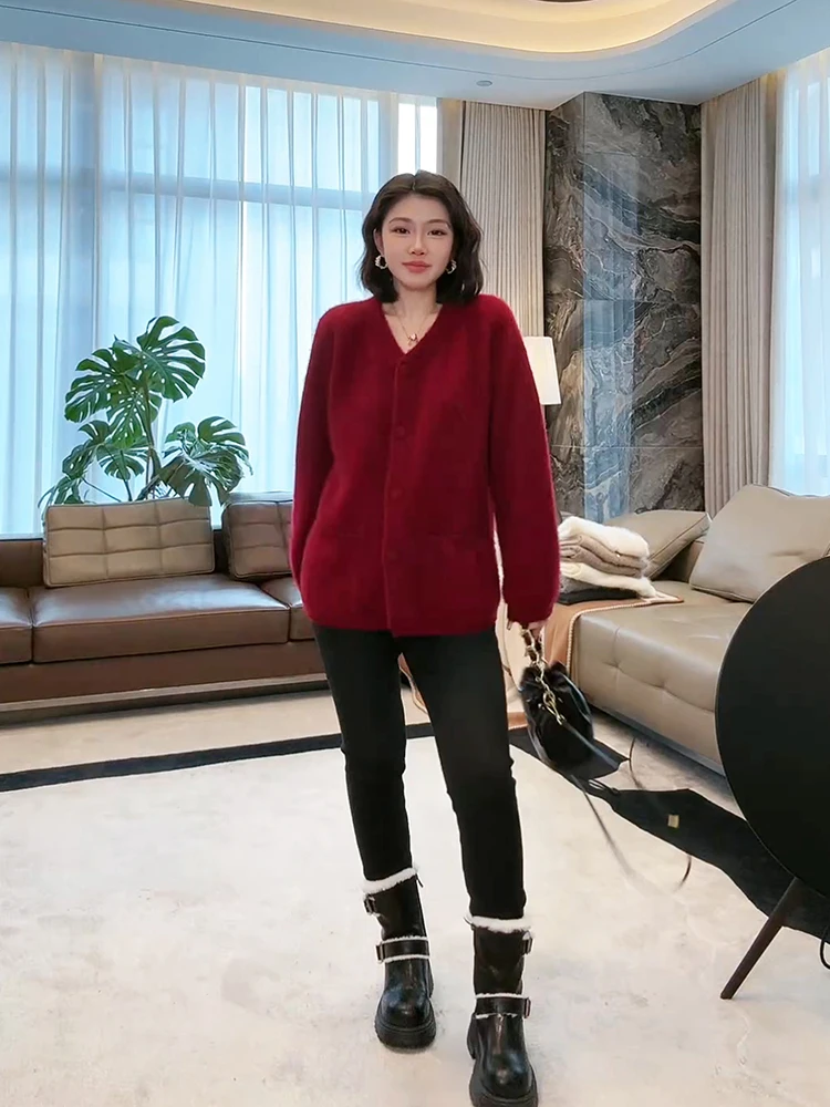 

Личная коллекция Лао Ян Beibei K 00, шерстяной женский теплый красный новогодний открытый кардиган, вязаный свитер MEQA538