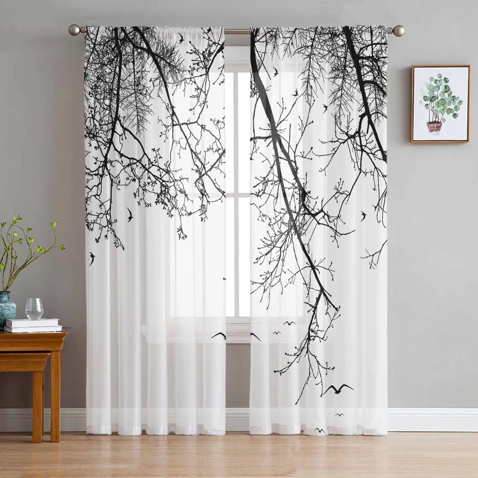 Branches Birds Animals Tulle Curtains for Living Room Bedroom Modern Chiffon Sheer Voile Kitchen Window Curtain