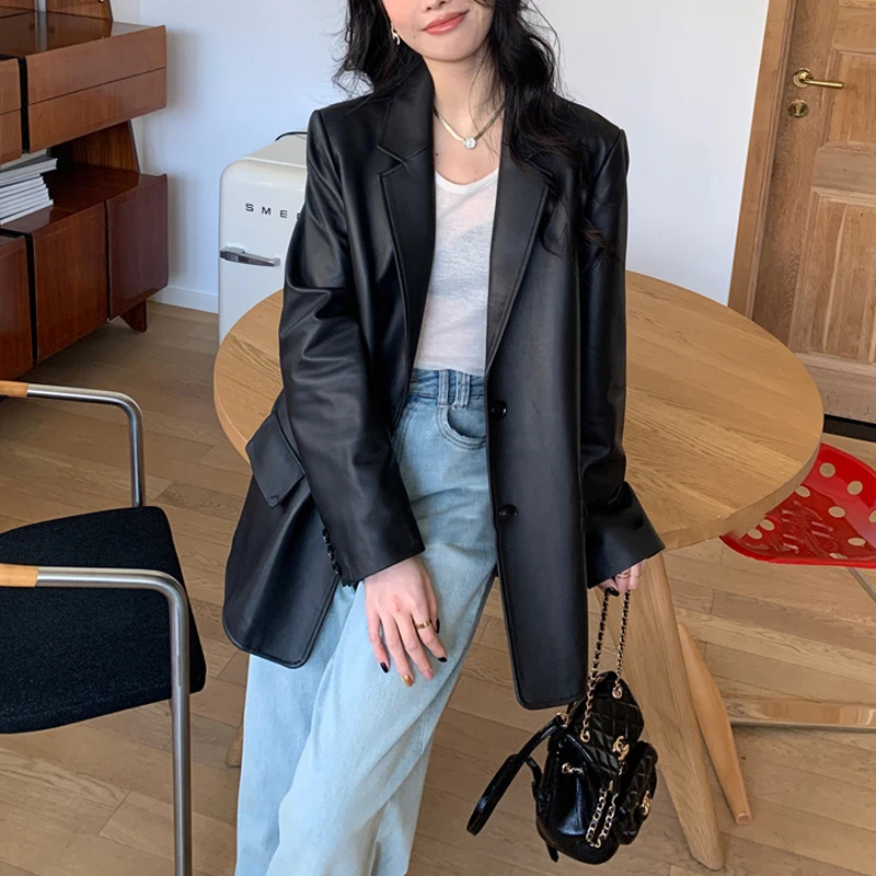 أنيقة السيدات جلد الغنم السترة معاطف 2026 ربيع الموضة التلبيب المرأة عادية فضفاض واحدة الصدر بدلة جلدية حقيقية سترة #5