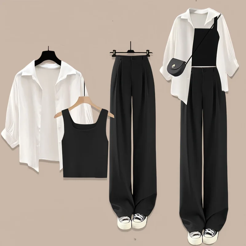 

Summer Outfits Women New Sunscreen Shirt Tank Top Long Wide Leg Pants Three Piece Set Lady Half Sleeve Blouse Vest Trousers Suit