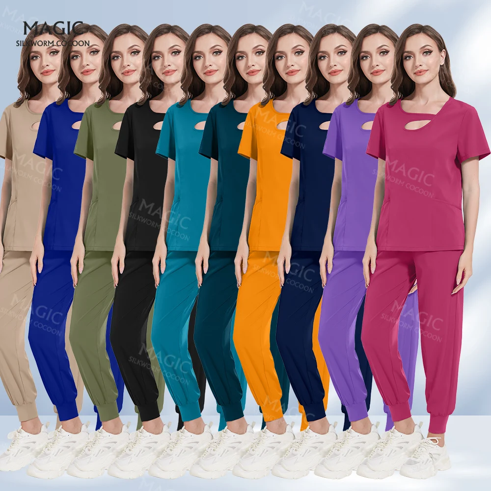 Médico Traje para Mulheres, Enfermeira Uniformes, Roupa Médica, Manga Curta, Tops Cirurgia, Calças, Jogger Suit, Workwear Hospital, S-2XL