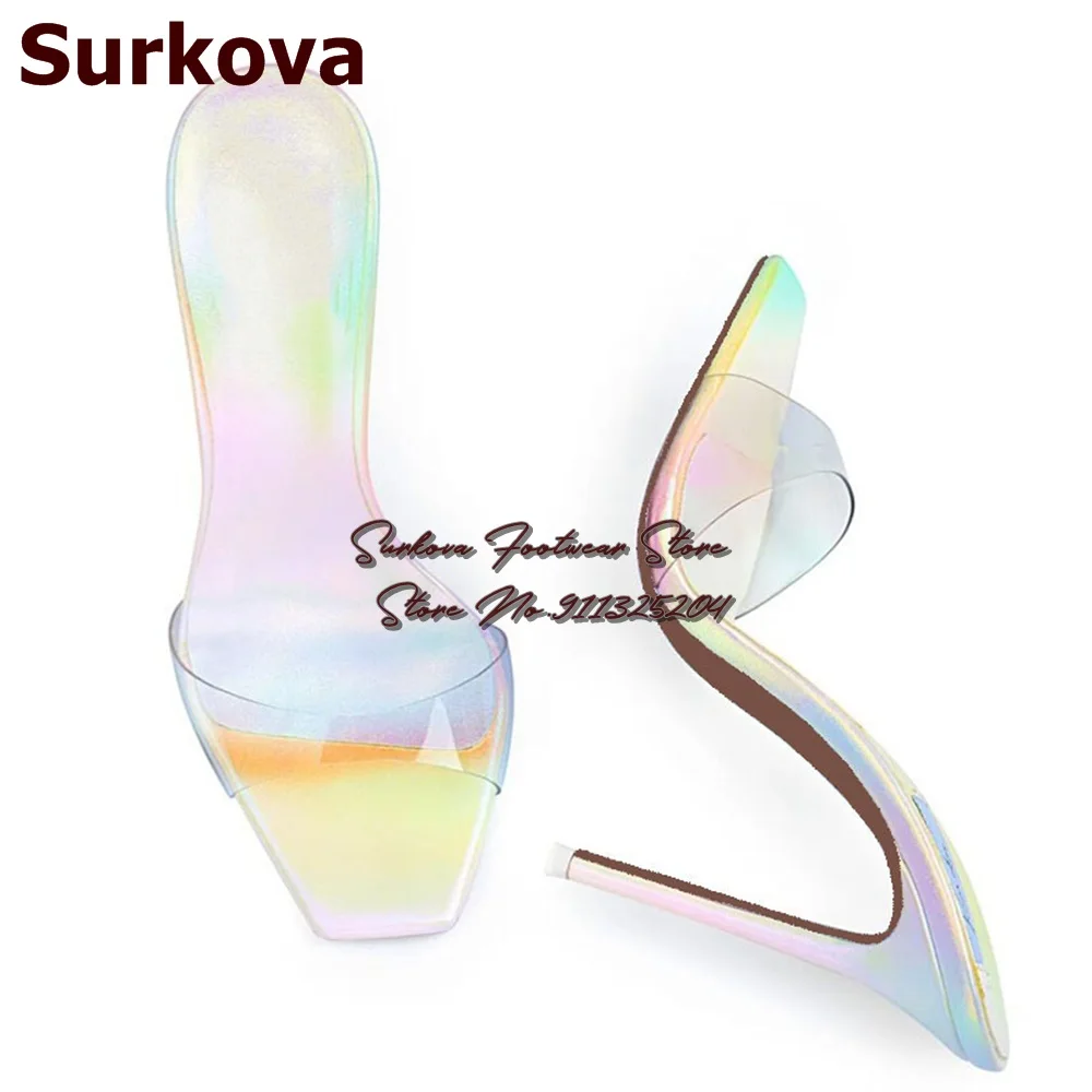 

Surkova Hologram Iridescent Clear PVC Square Toe Modern Slippers Golden White Stiletto Heels Slip-on Sandals Denim Dress Shoes