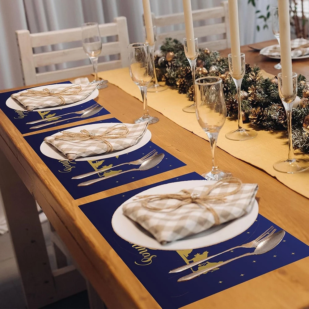 

4pcs Christmas Themed Blue Placemats with Gold Accents - Perfect for Festive Dining! New Year home party decoration
