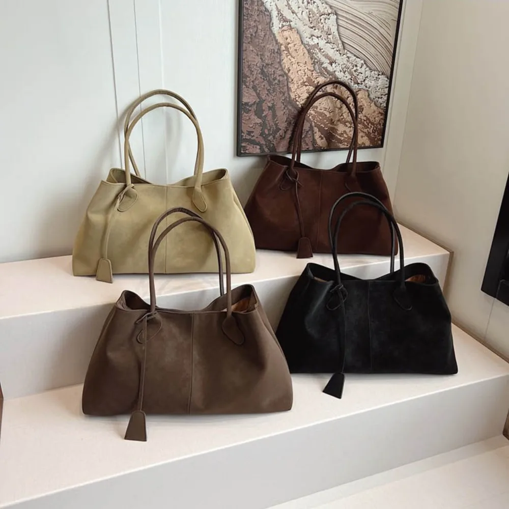 

Fashionable Versatile Tote Bag Faux Suede Solid Color Shoulder Bag Large Capacity Handbag for Women