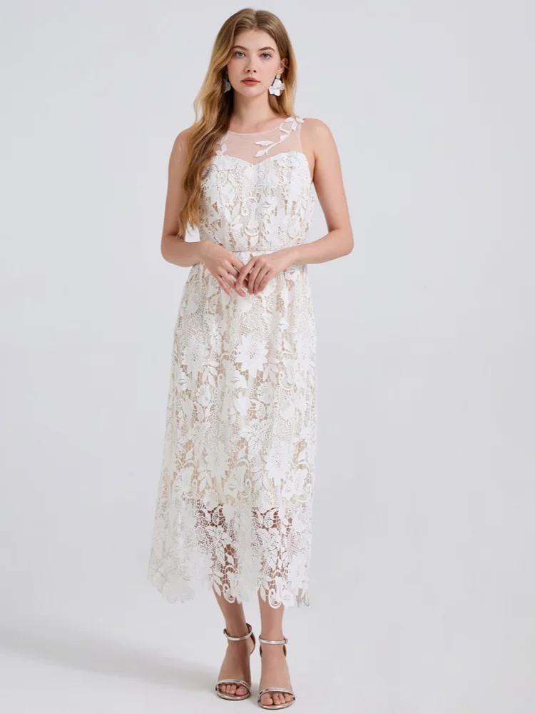 

High Quality Lace Hollow Out Mesh Spliced O-Neck Summer Dress Women's Sleeveless Embroidery Water-Soluble Runway Long Dresses