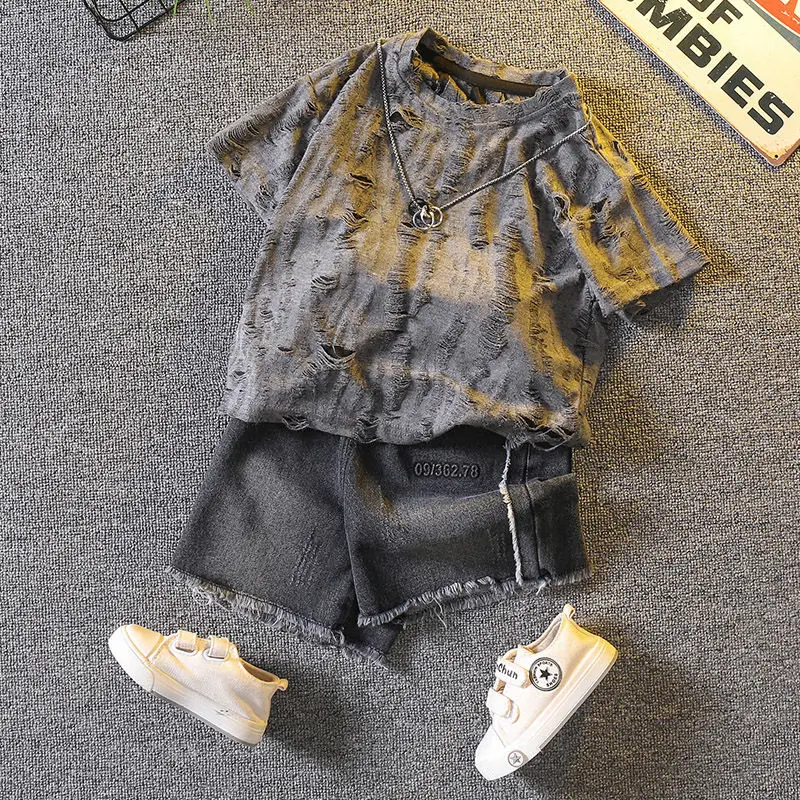 2pcs Set Boys Grey Hole Short Sleeved T-shirt+ Denim Shorts Summer Suit 2024 New Fashion Baby Clothes Handsome Kid Clothing