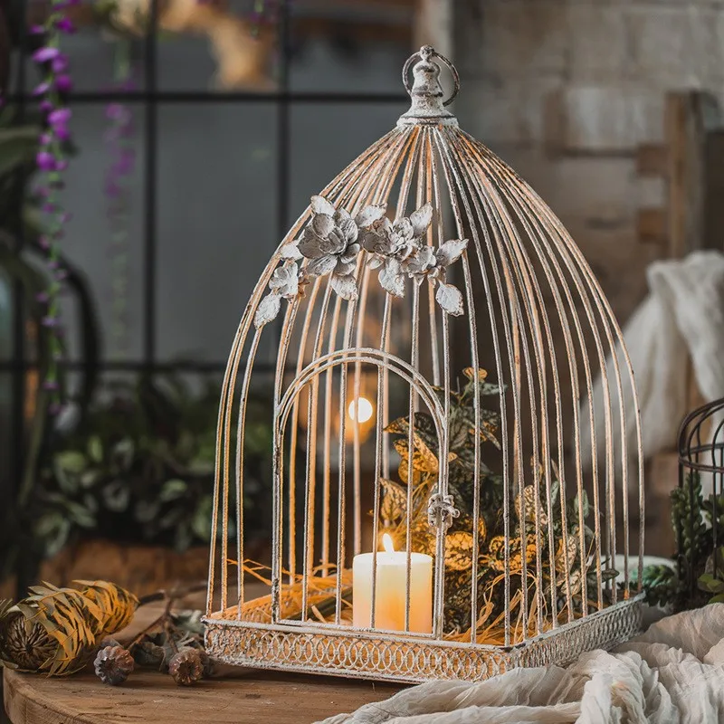 Handcrafted Chic Shabby Bird Cage Shape Candle Holder with Adorned Flower Vintage Lantern Table Decoration & Accessories