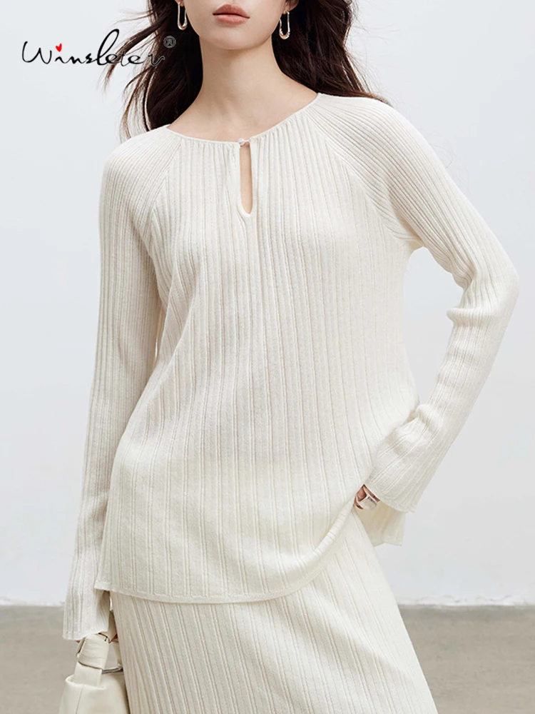 

Winsleter-32.5%Sheep Wool Elegant Sweater, Women O Neck Flare Sleeve Hollow-out, Temperament Loose Sweater, 2025 Autumn T58910CC
