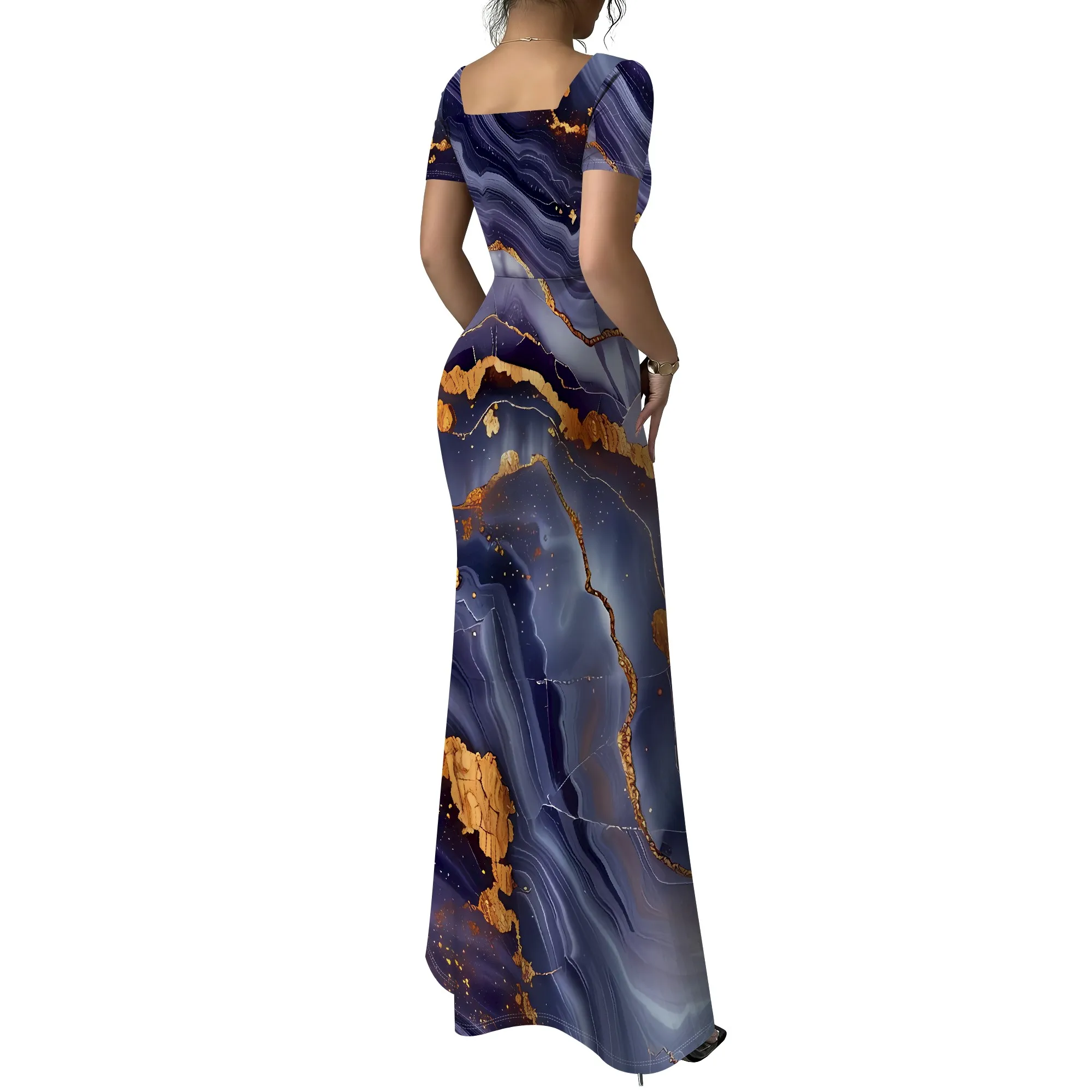 EQQZD ชุดเดรสหางนางเงือกคอเหลี่ยมแขนสั้น, ชุดเดรสแม็กซี่เดรสเข้ารูปพิมพ์ลายหินอ่อนสไตล์โมเดิร์นสําหรับผู้หญิง