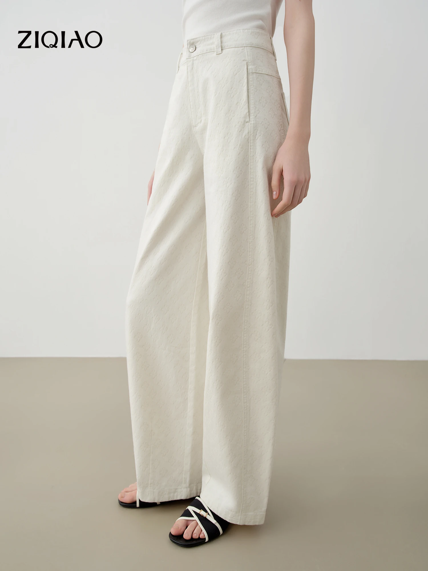 ZIQIAO 3D Jacquard High-Waisted White Jeans for Women Summer 2026 New Arrival Slim Straight Leg Pants White Cotton Long Jeans