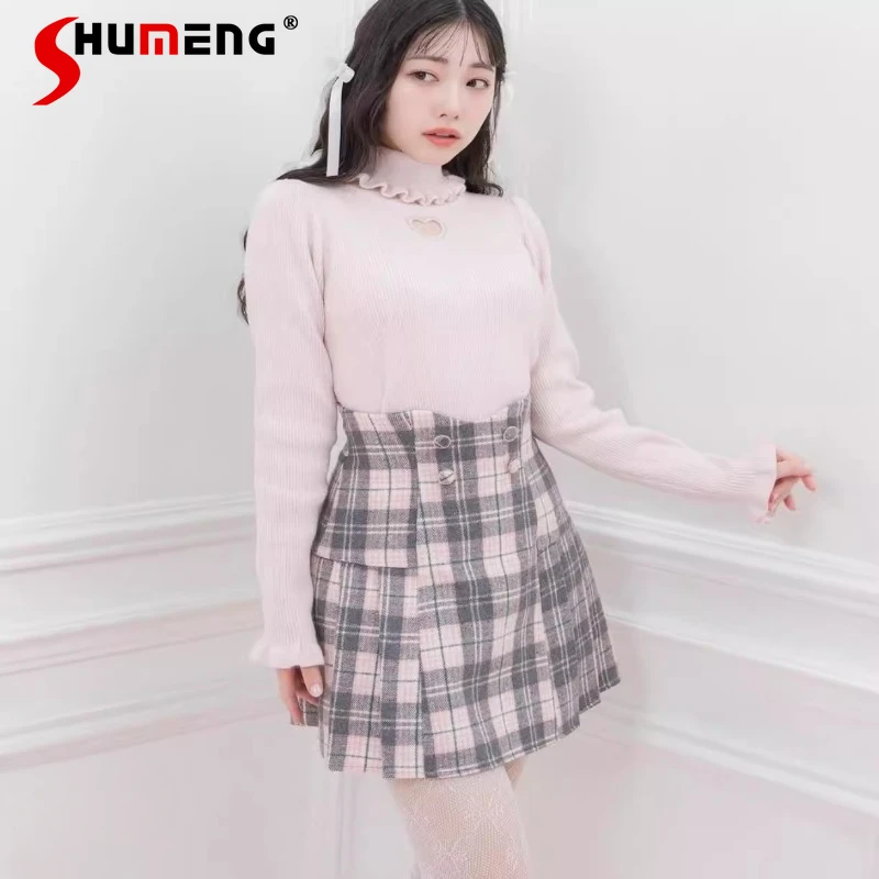 

Japanese Cute Girl SC Mini Series Knitwear Small Turtleneck Love Hollow Slim Thin Knitted Sweater Pink Jumpers Women's Clothing