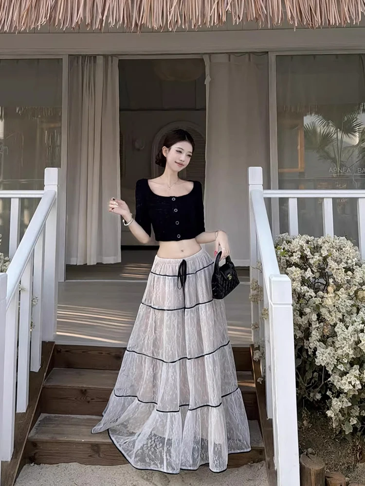 

Elegant Fashion Set Women's Small Fragrance Style Tweed Short Sleeve Top Spring Lace A-Line Skirt Two-Piece Suit