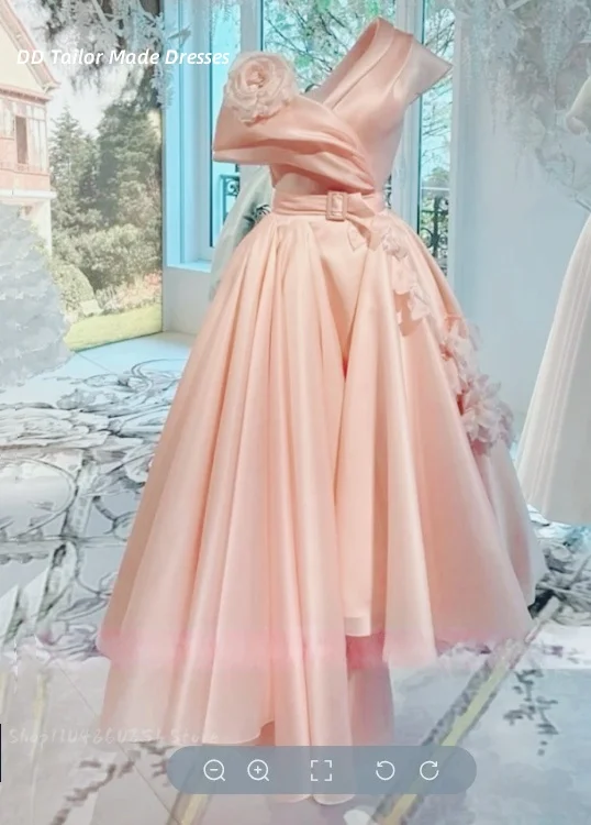 

Elegant Light Pink Prom Dresses Tea-Length Hand Made Flowers V-Neck A-Line Formal Party Gowns Customized Wedding Party Dresses