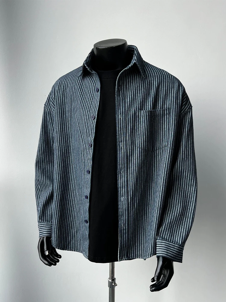 

Retro American Striped Men's Long Sve irt Cleanfit Denim Jaet Spring High Sensation Cool Sle Breathable Loose Fit Jeans
