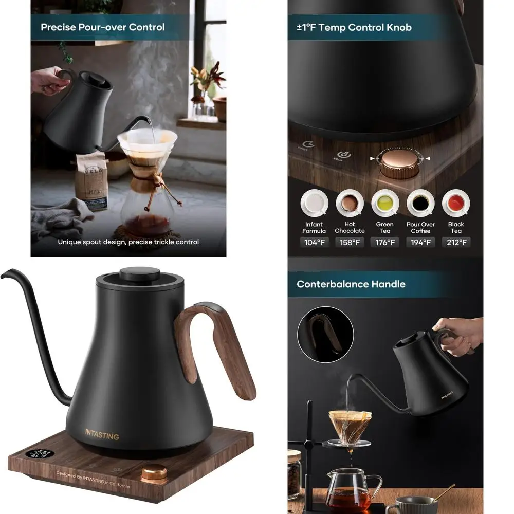 

Stainless Steel Gooseneck Kettle with ±1°F Temperature Control, Fast Heating for Coffee, Tea, and Water, 0.9L Capacity, Black