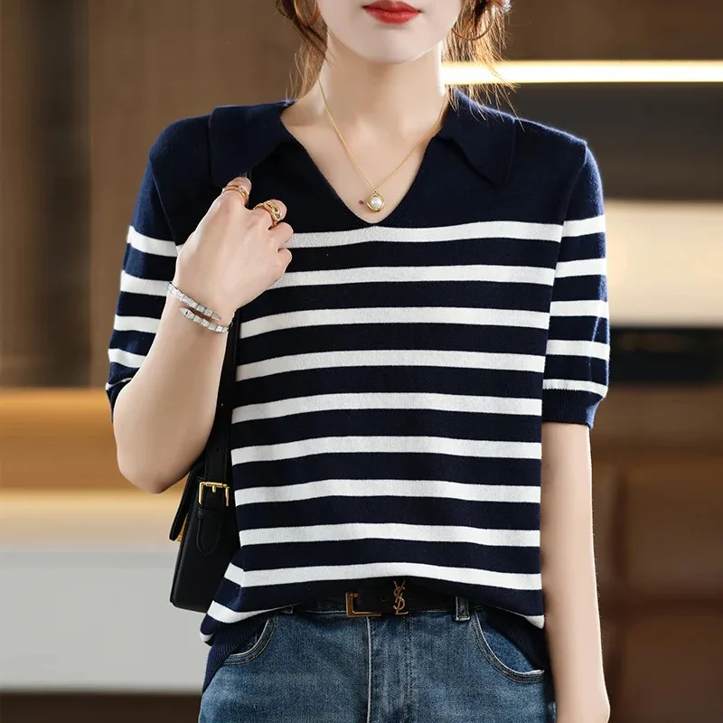 

Летом, новые хлопковые короткие рукава в полоску с воротником-поло, которые можно носить тонким, а также универсальны. Футболки зарубежные-